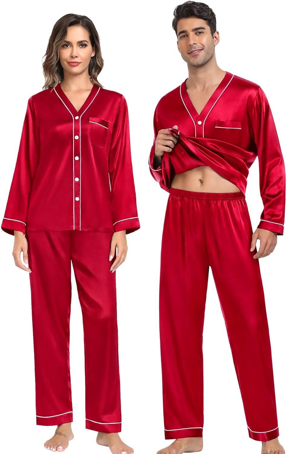 imageSWOMOG Family Satin Pajamas Sets Long Sleeve ButtonDown Sleepwear Silky TwoPieces Loungewear PJs SetsCamellia Red