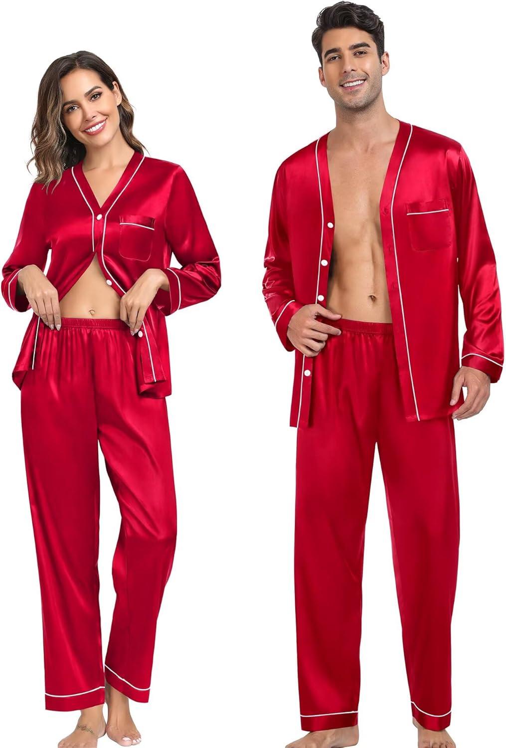 imageSWOMOG Family Satin Pajamas Sets Long Sleeve ButtonDown Sleepwear Silky TwoPieces Loungewear PJs SetsCamellia Red