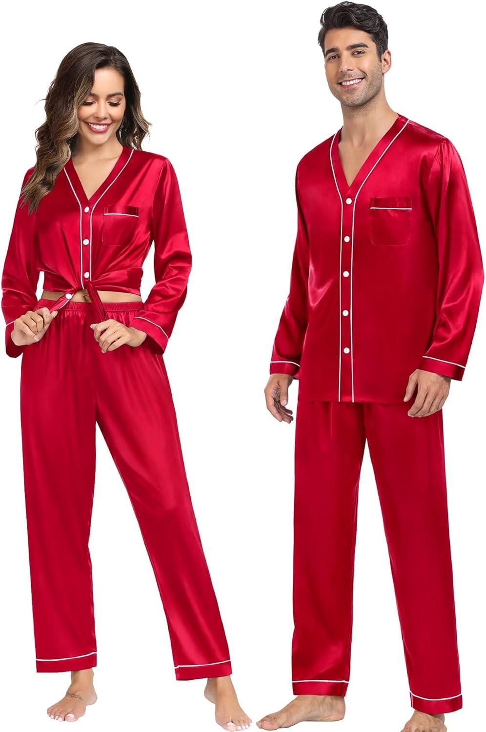 imageSWOMOG Family Satin Pajamas Sets Long Sleeve ButtonDown Sleepwear Silky TwoPieces Loungewear PJs SetsCamellia Red