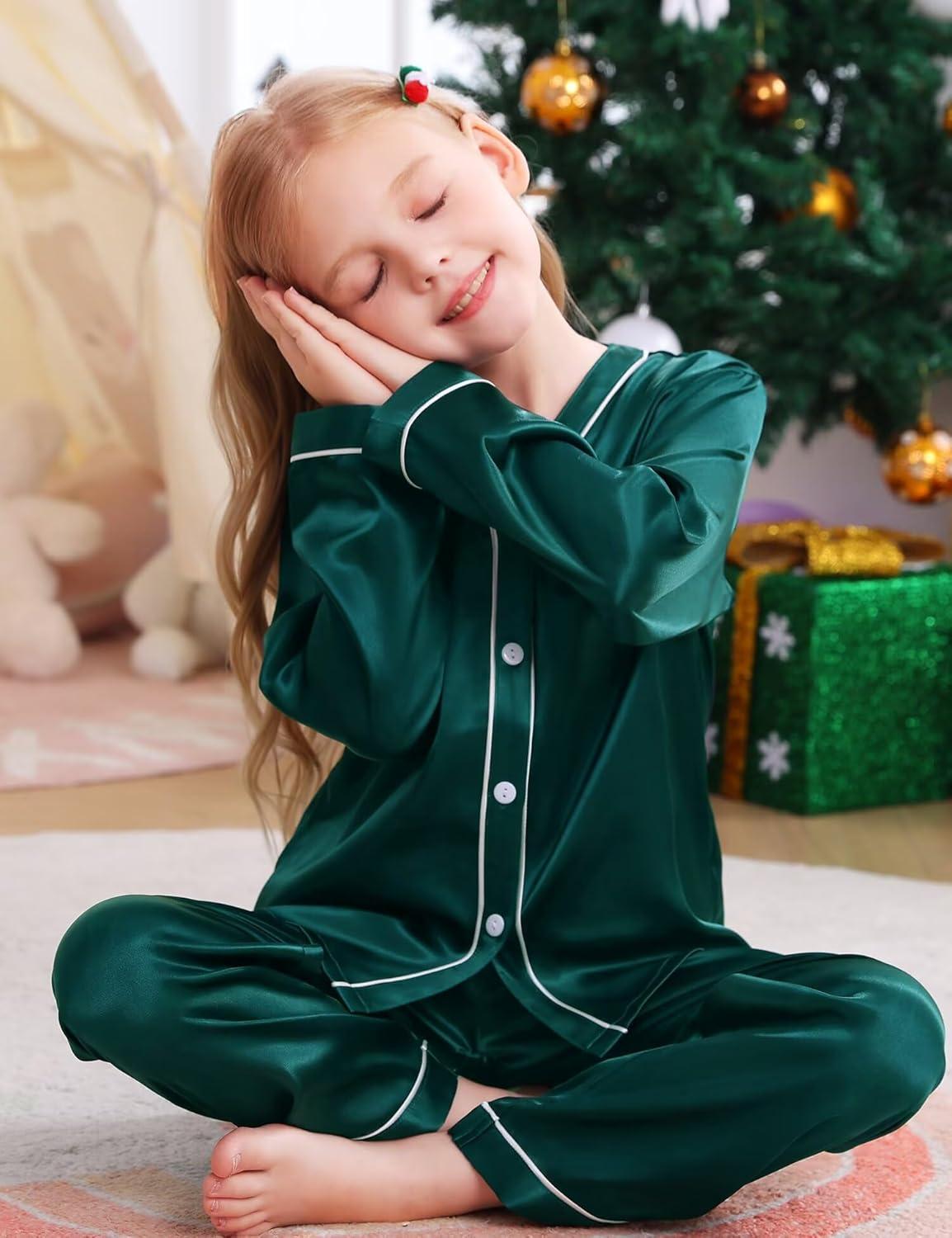 imageSWOMOG Family Satin Pajamas Sets Long Sleeve ButtonDown Sleepwear Silky TwoPieces Loungewear PJs SetsDark Green