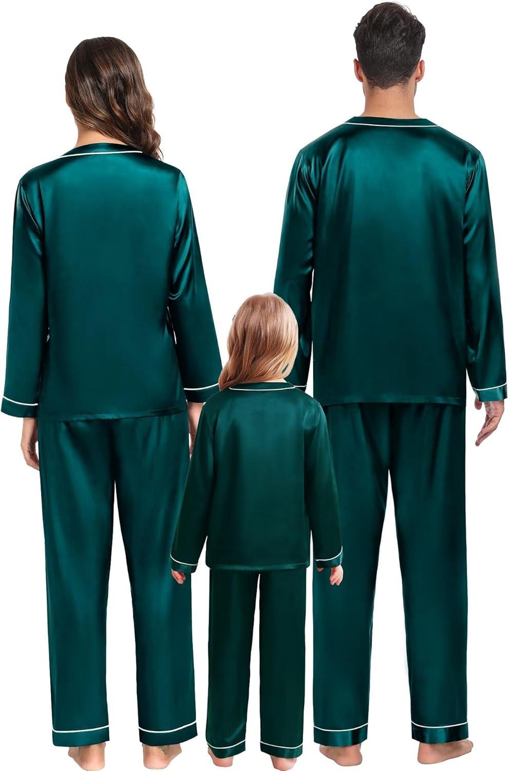 imageSWOMOG Family Satin Pajamas Sets Long Sleeve ButtonDown Sleepwear Silky TwoPieces Loungewear PJs SetsDark Green