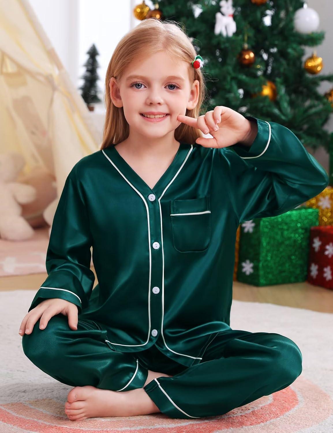 imageSWOMOG Family Satin Pajamas Sets Long Sleeve ButtonDown Sleepwear Silky TwoPieces Loungewear PJs SetsDark Green
