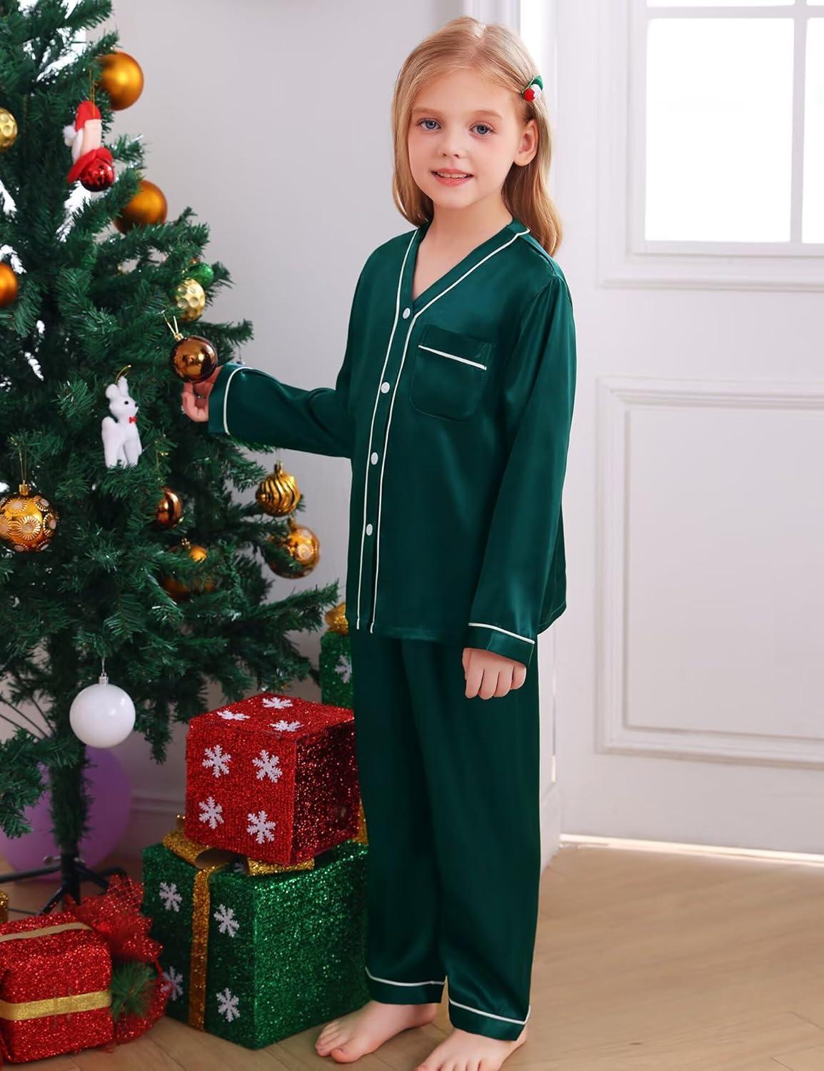 imageSWOMOG Family Satin Pajamas Sets Long Sleeve ButtonDown Sleepwear Silky TwoPieces Loungewear PJs SetsDark Green