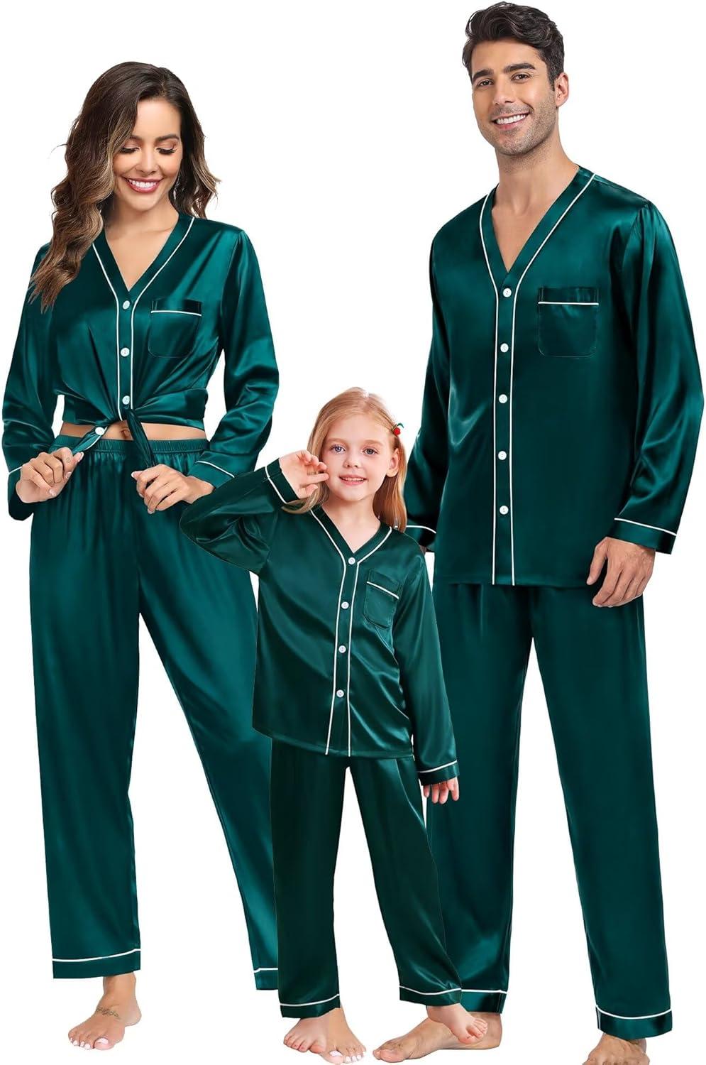 imageSWOMOG Family Satin Pajamas Sets Long Sleeve ButtonDown Sleepwear Silky TwoPieces Loungewear PJs SetsDark Green