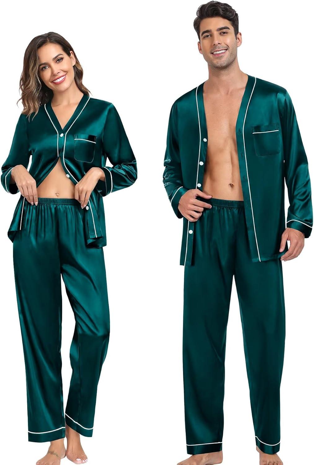 imageSWOMOG Family Satin Pajamas Sets Long Sleeve ButtonDown Sleepwear Silky TwoPieces Loungewear PJs SetsDark Green