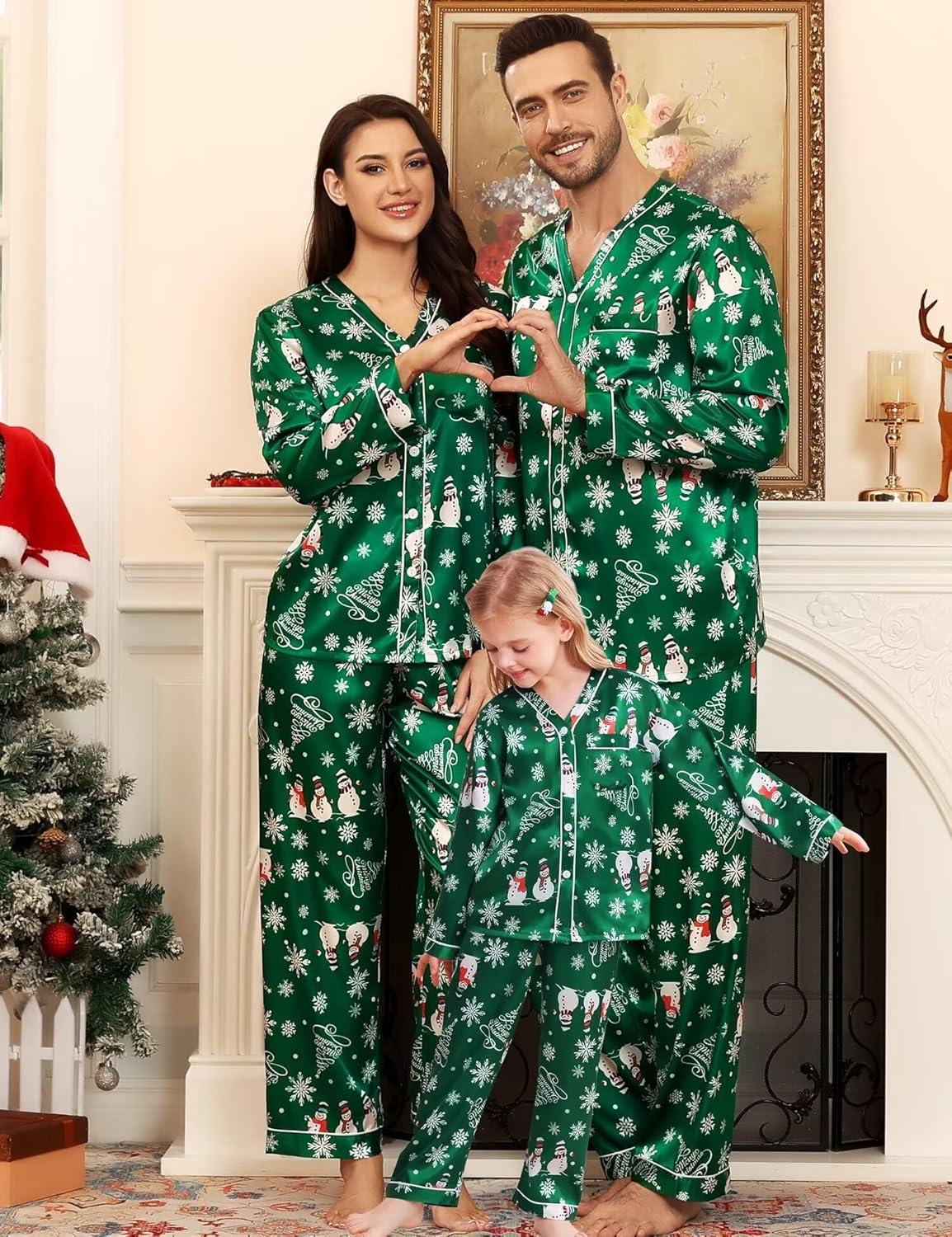 imageSWOMOG Family Satin Pajamas Sets Long Sleeve ButtonDown Sleepwear Silky TwoPieces Loungewear PJs SetsGreen Snowman