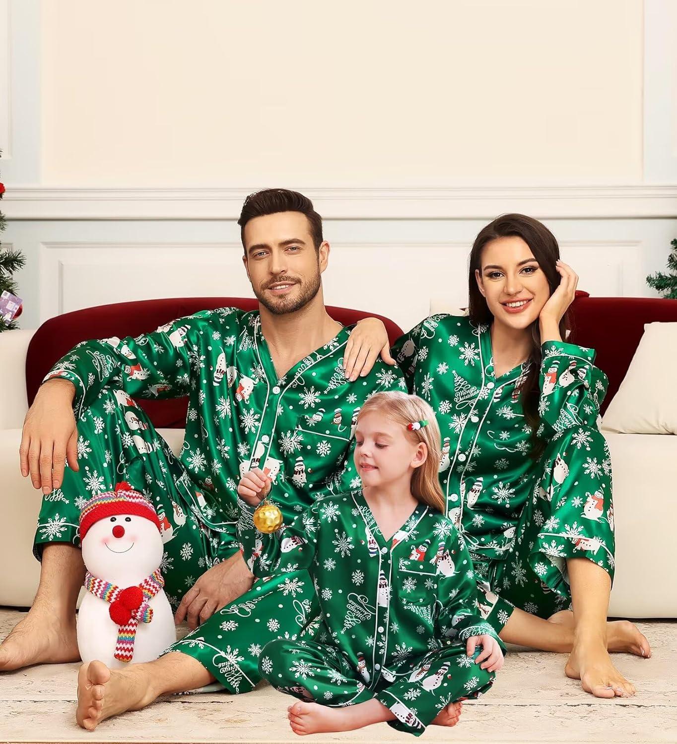 imageSWOMOG Family Satin Pajamas Sets Long Sleeve ButtonDown Sleepwear Silky TwoPieces Loungewear PJs SetsGreen Snowman