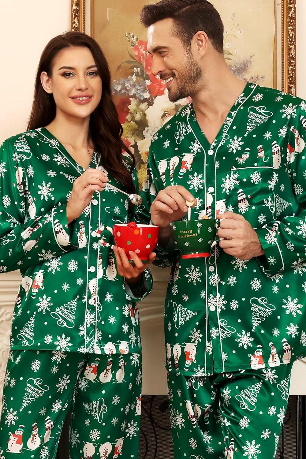 imageSWOMOG Family Satin Pajamas Sets Long Sleeve ButtonDown Sleepwear Silky TwoPieces Loungewear PJs SetsGreen Snowman