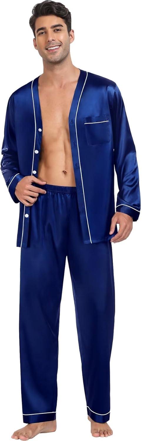 imageSWOMOG Family Satin Pajamas Sets Long Sleeve ButtonDown Sleepwear Silky TwoPieces Loungewear PJs SetsNavy Blue