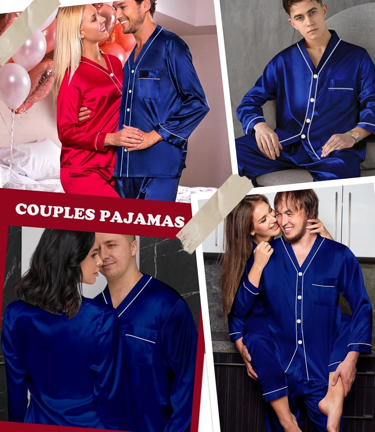 imageSWOMOG Family Satin Pajamas Sets Long Sleeve ButtonDown Sleepwear Silky TwoPieces Loungewear PJs SetsNavy Blue