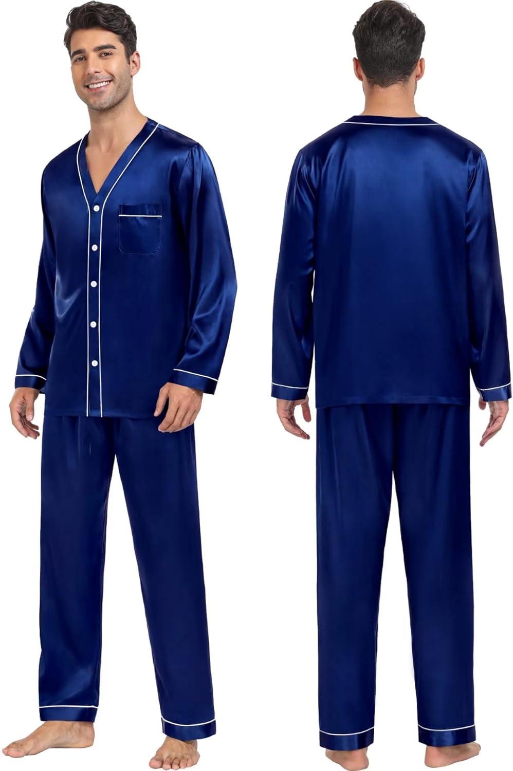 imageSWOMOG Family Satin Pajamas Sets Long Sleeve ButtonDown Sleepwear Silky TwoPieces Loungewear PJs SetsNavy Blue