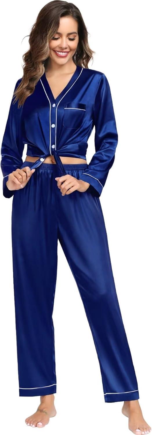 imageSWOMOG Family Satin Pajamas Sets Long Sleeve ButtonDown Sleepwear Silky TwoPieces Loungewear PJs SetsNavy Blue