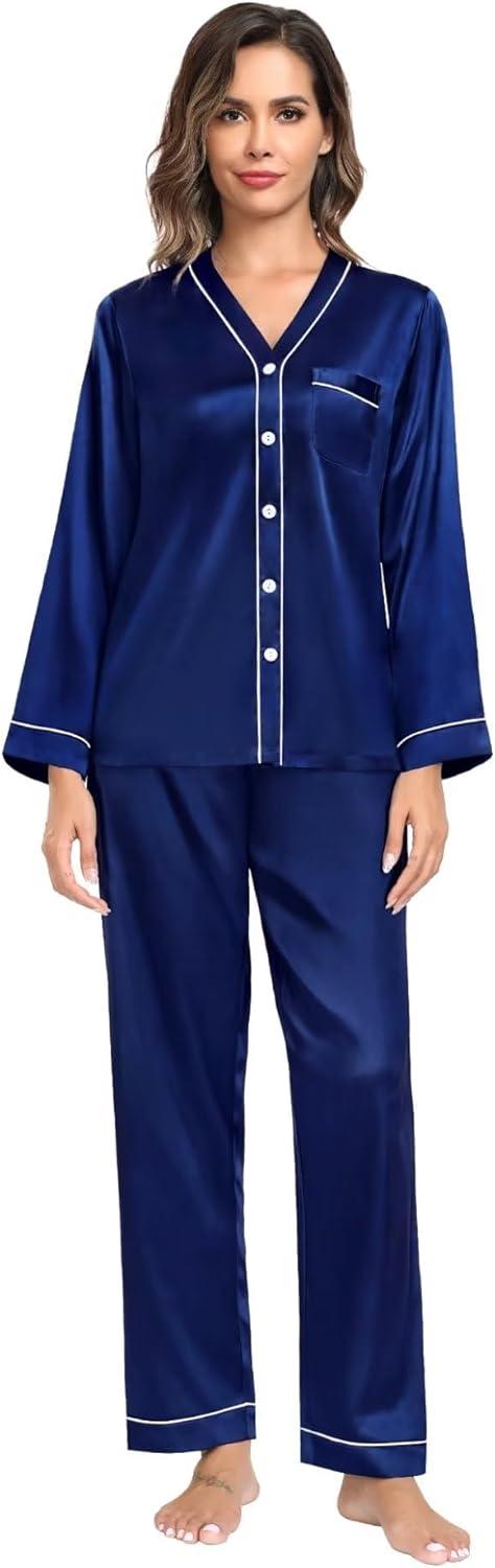 imageSWOMOG Family Satin Pajamas Sets Long Sleeve ButtonDown Sleepwear Silky TwoPieces Loungewear PJs SetsNavy Blue