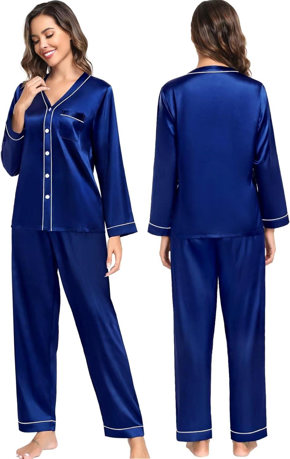 imageSWOMOG Family Satin Pajamas Sets Long Sleeve ButtonDown Sleepwear Silky TwoPieces Loungewear PJs SetsNavy Blue