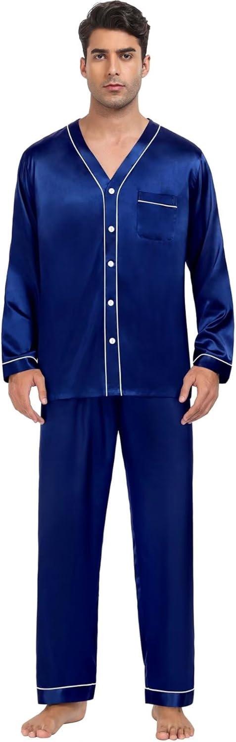 imageSWOMOG Family Satin Pajamas Sets Long Sleeve ButtonDown Sleepwear Silky TwoPieces Loungewear PJs SetsNavy Blue