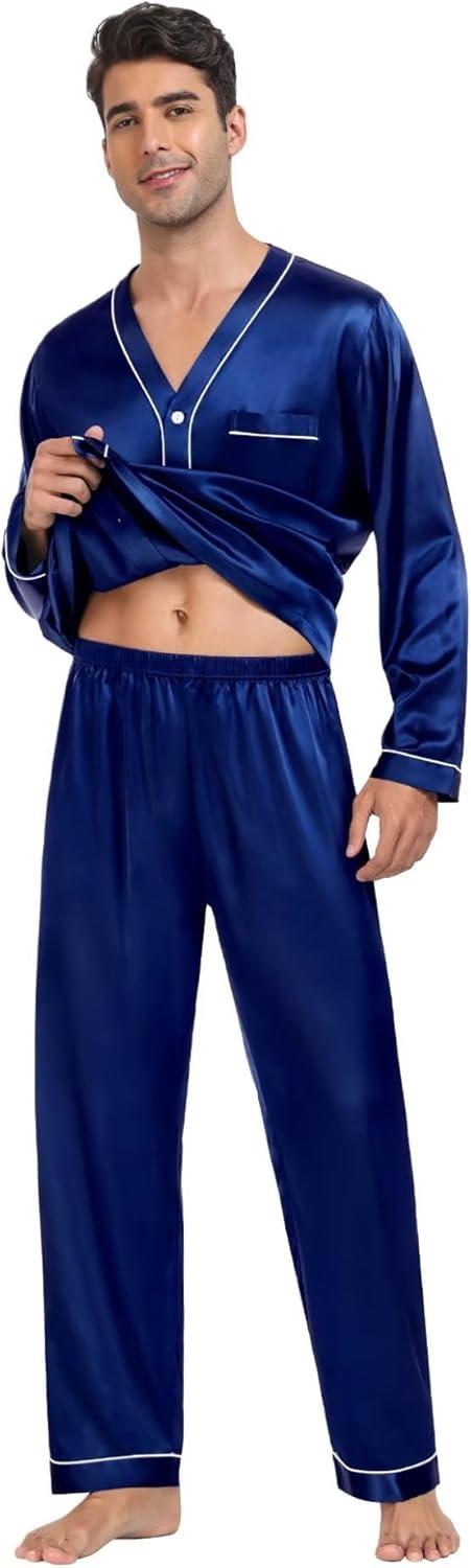 imageSWOMOG Family Satin Pajamas Sets Long Sleeve ButtonDown Sleepwear Silky TwoPieces Loungewear PJs SetsNavy Blue