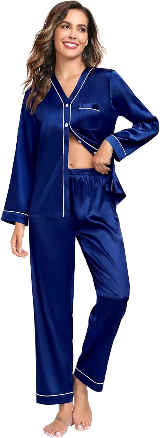imageSWOMOG Family Satin Pajamas Sets Long Sleeve ButtonDown Sleepwear Silky TwoPieces Loungewear PJs SetsNavy Blue