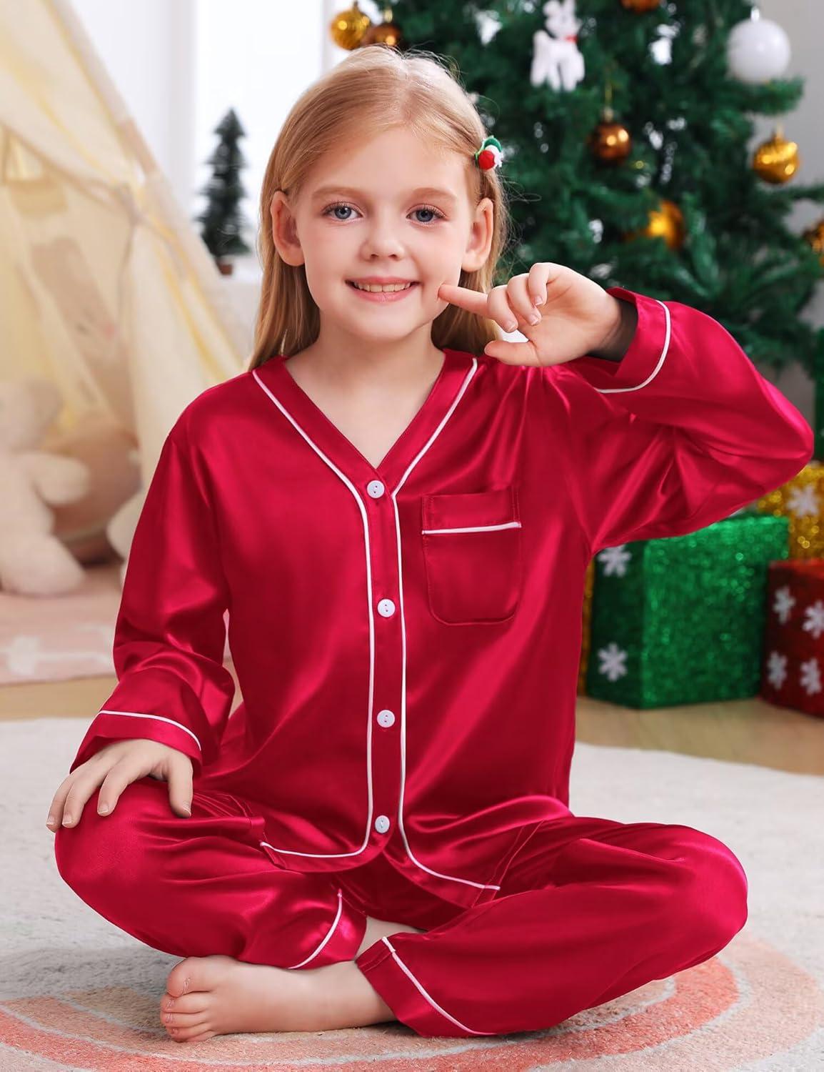 imageSWOMOG Family Satin Pajamas Sets Long Sleeve ButtonDown Sleepwear Silky TwoPieces Loungewear PJs SetsRed