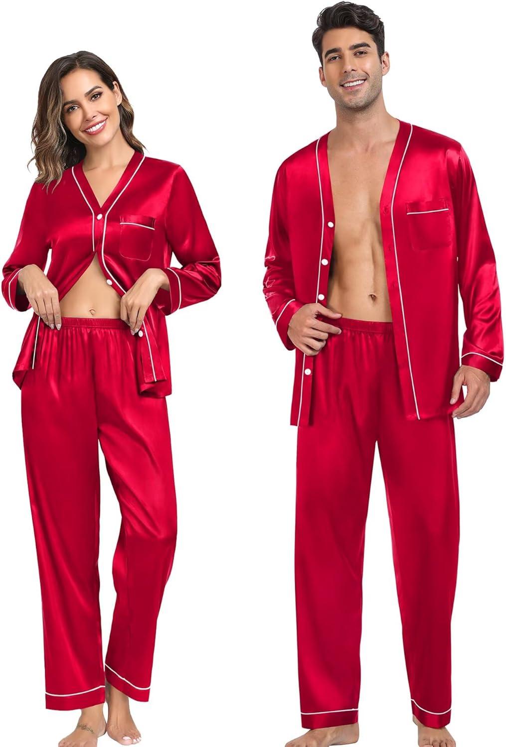 imageSWOMOG Family Satin Pajamas Sets Long Sleeve ButtonDown Sleepwear Silky TwoPieces Loungewear PJs SetsRed
