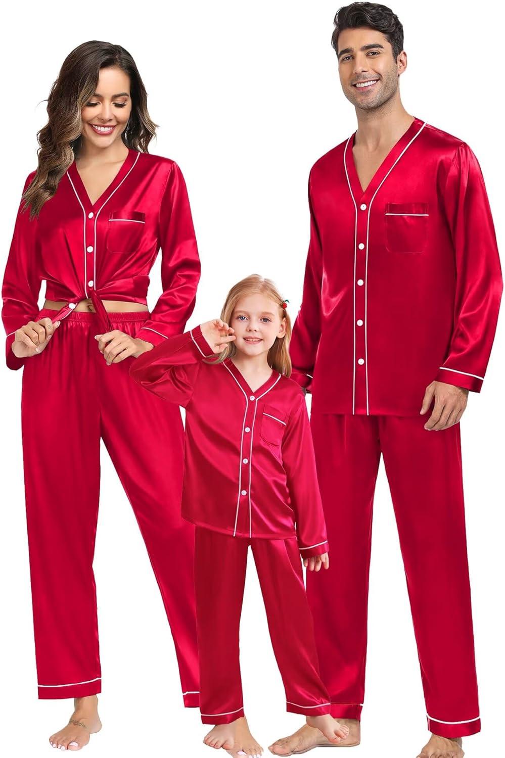 imageSWOMOG Family Satin Pajamas Sets Long Sleeve ButtonDown Sleepwear Silky TwoPieces Loungewear PJs SetsRed