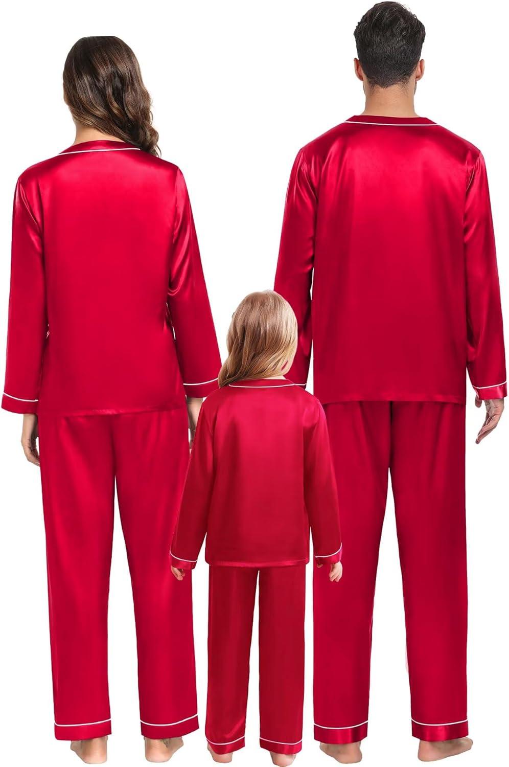 imageSWOMOG Family Satin Pajamas Sets Long Sleeve ButtonDown Sleepwear Silky TwoPieces Loungewear PJs SetsRed