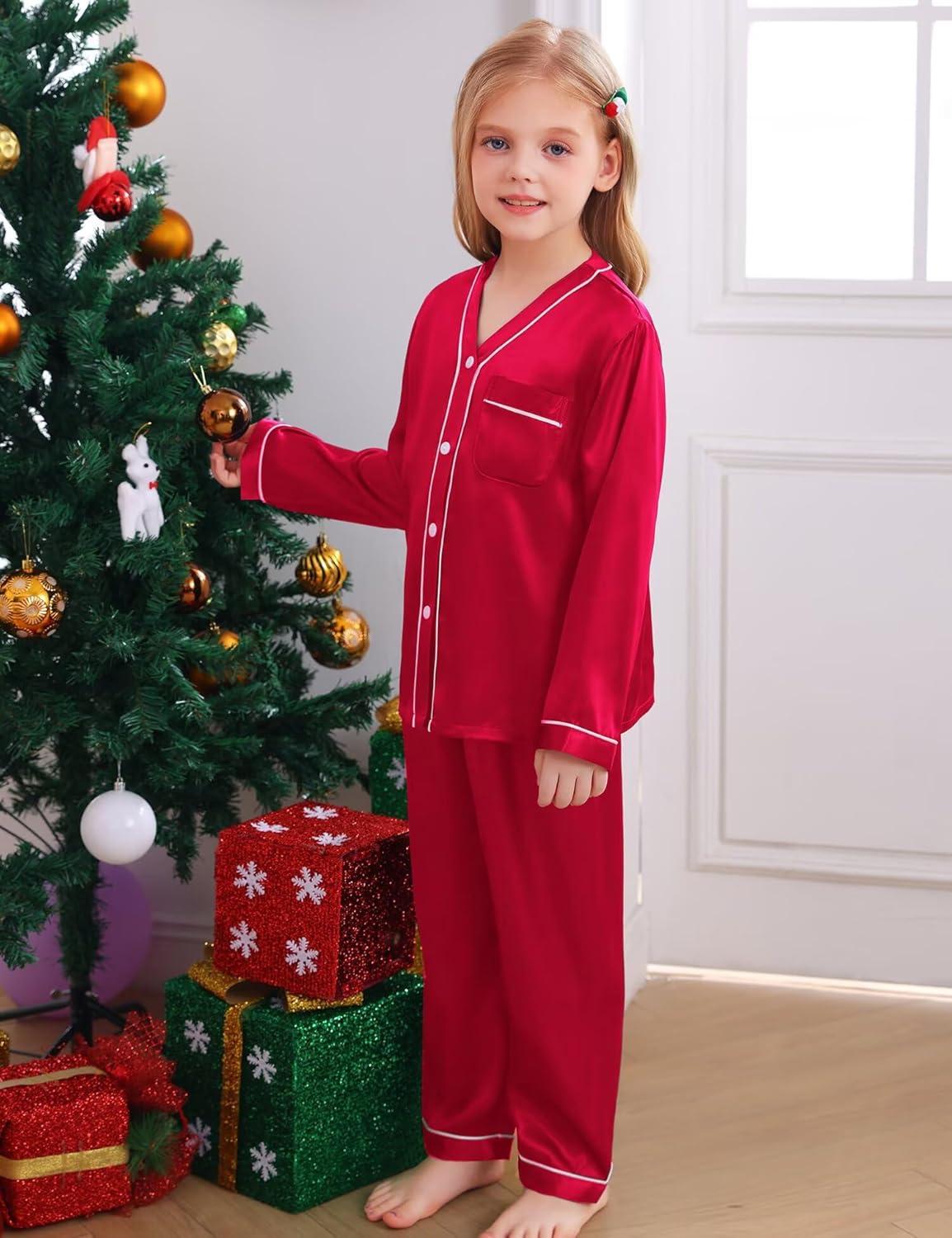 imageSWOMOG Family Satin Pajamas Sets Long Sleeve ButtonDown Sleepwear Silky TwoPieces Loungewear PJs SetsRed