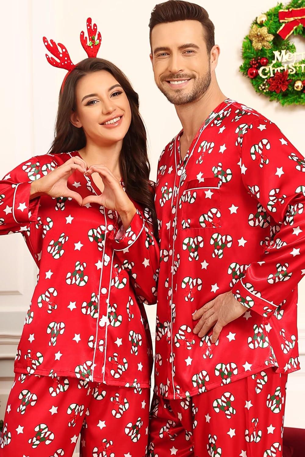 imageSWOMOG Family Satin Pajamas Sets Long Sleeve ButtonDown Sleepwear Silky TwoPieces Loungewear PJs SetsRed Candy Flower