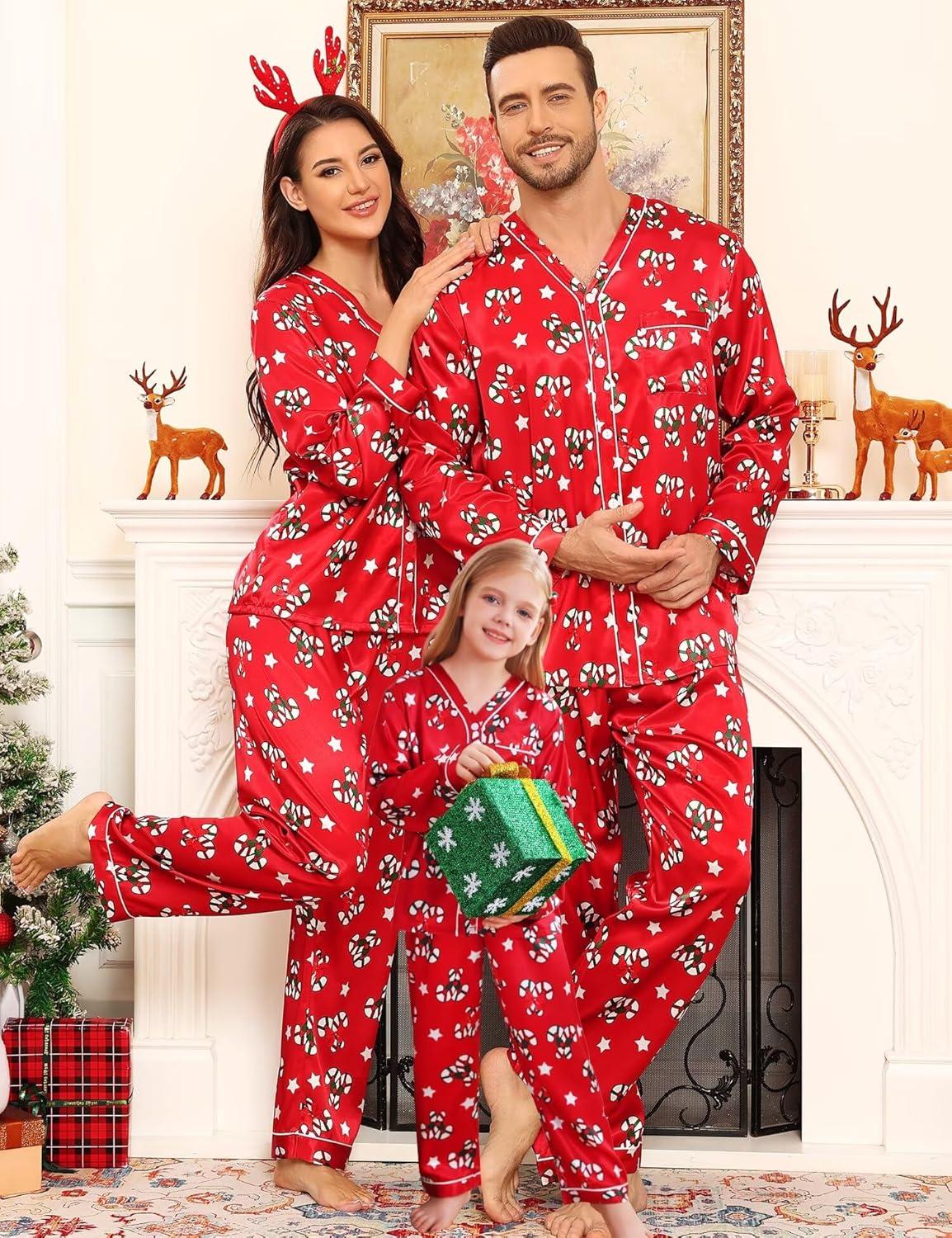 imageSWOMOG Family Satin Pajamas Sets Long Sleeve ButtonDown Sleepwear Silky TwoPieces Loungewear PJs SetsRed Candy Flower
