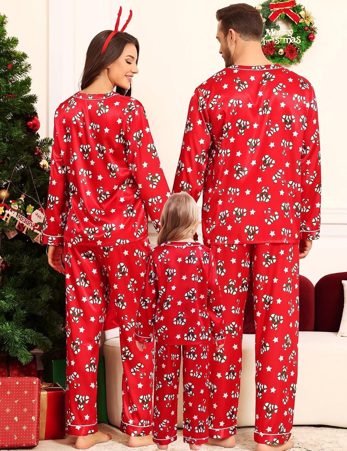 imageSWOMOG Family Satin Pajamas Sets Long Sleeve ButtonDown Sleepwear Silky TwoPieces Loungewear PJs SetsRed Candy Flower