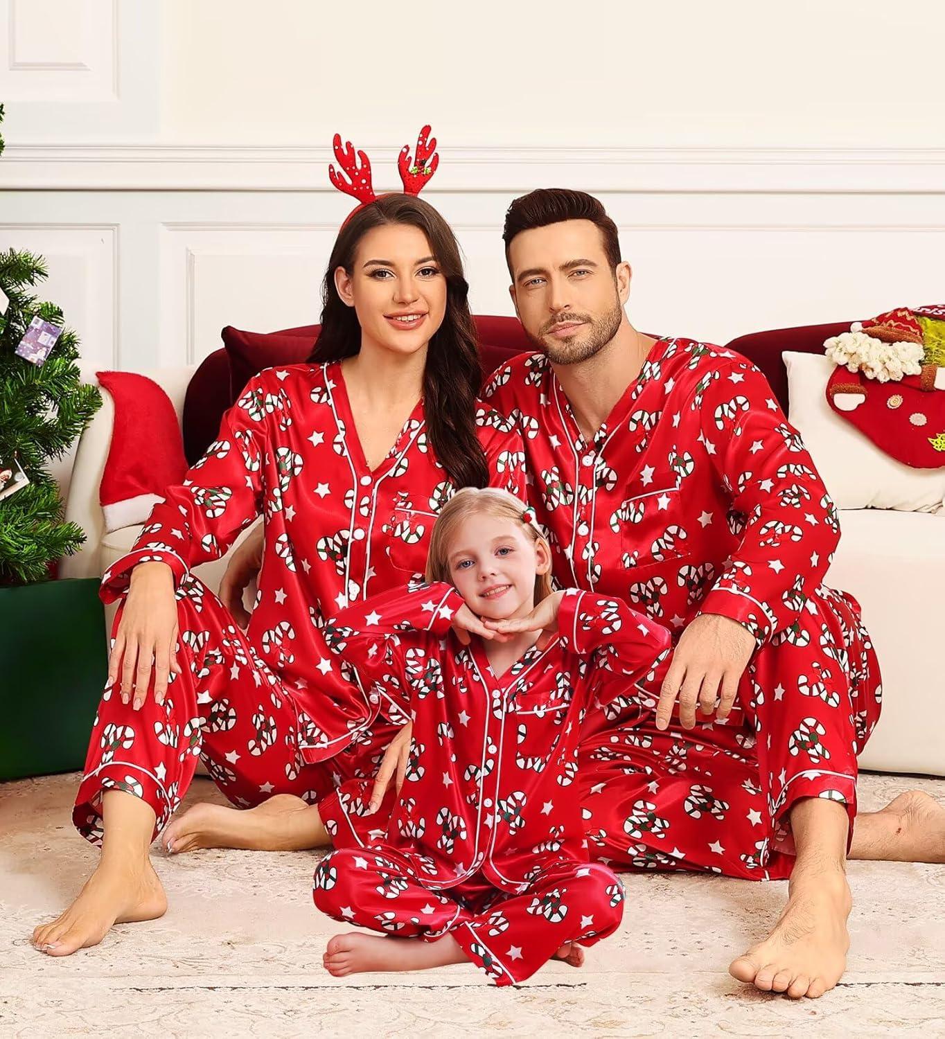 imageSWOMOG Family Satin Pajamas Sets Long Sleeve ButtonDown Sleepwear Silky TwoPieces Loungewear PJs SetsRed Candy Flower