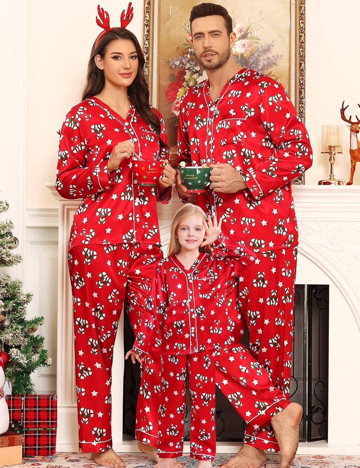 imageSWOMOG Family Satin Pajamas Sets Long Sleeve ButtonDown Sleepwear Silky TwoPieces Loungewear PJs SetsRed Candy Flower
