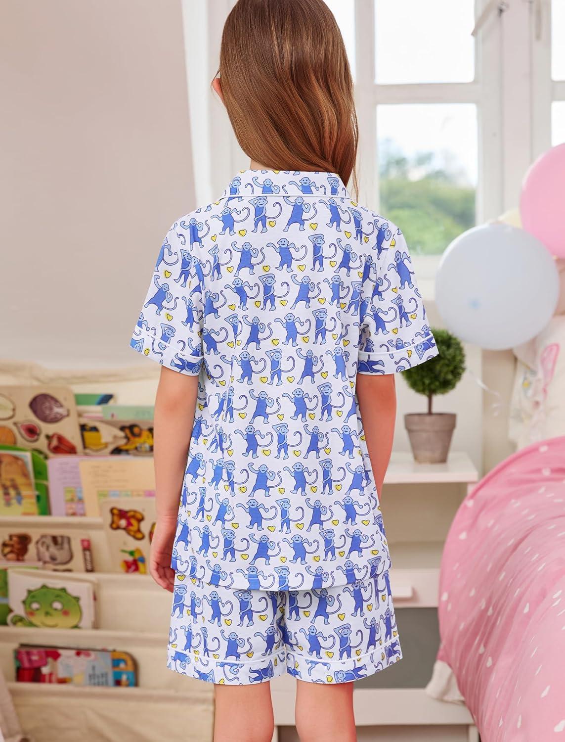 imageSWOMOG Girls Pajamas Button Down 2PCS Kids Pajama Set Cute Toddler Sleepwear Short Sleeve with Long PantsBlue Monkey