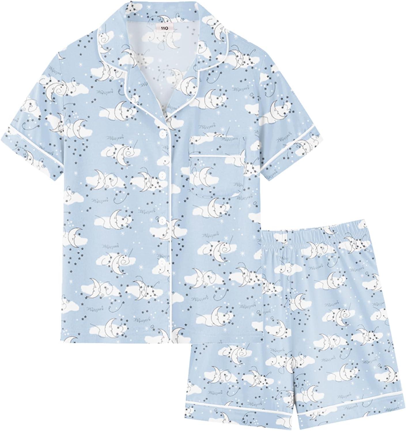 imageSWOMOG Girls Pajamas Button Down 2PCS Kids Pajama Set Cute Toddler Sleepwear Short Sleeve with Long PantsWhite Moon