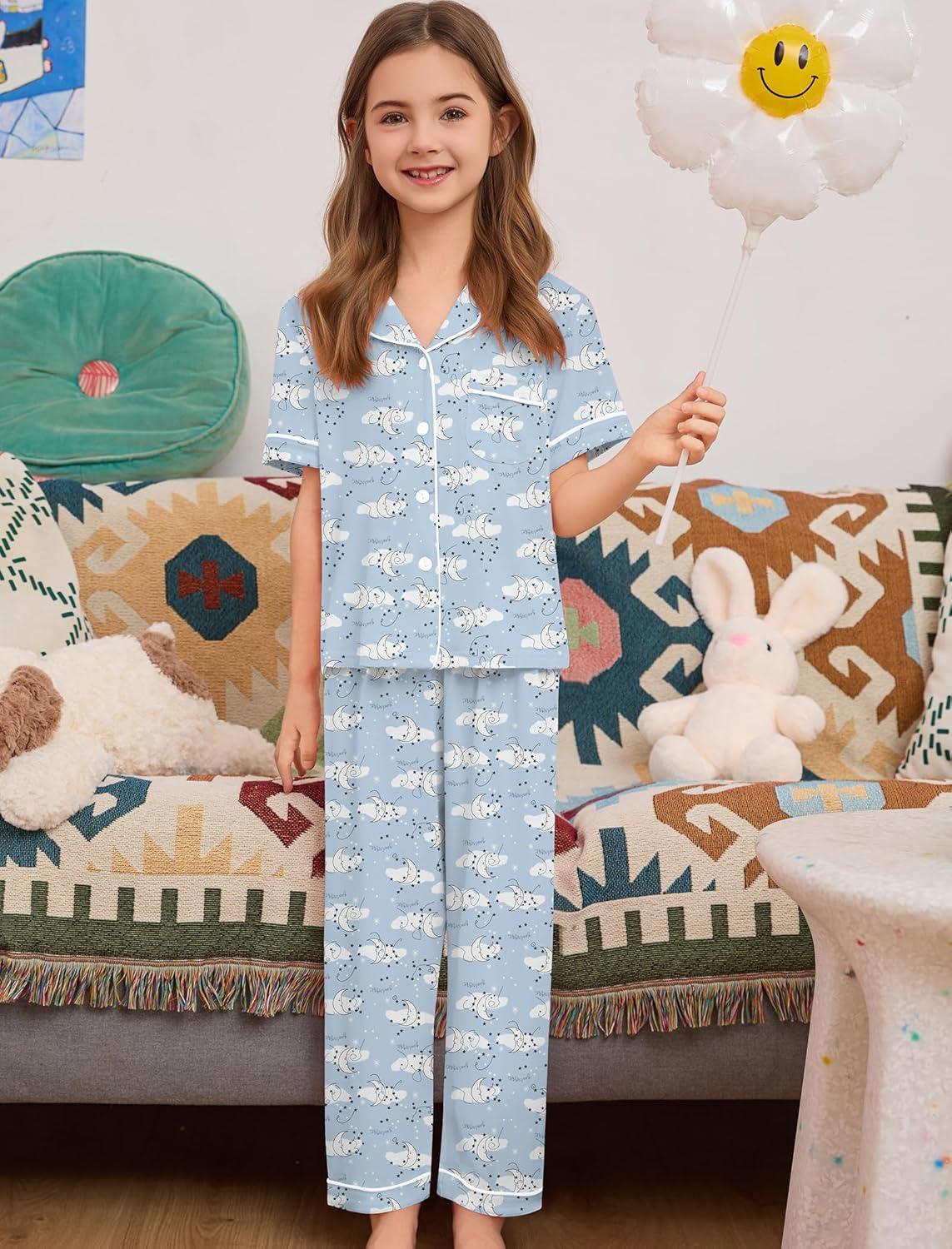imageSWOMOG Girls Pajamas Button Down 2PCS Kids Pajama Set Cute Toddler Sleepwear Short Sleeve with Long PantsWhite Moon