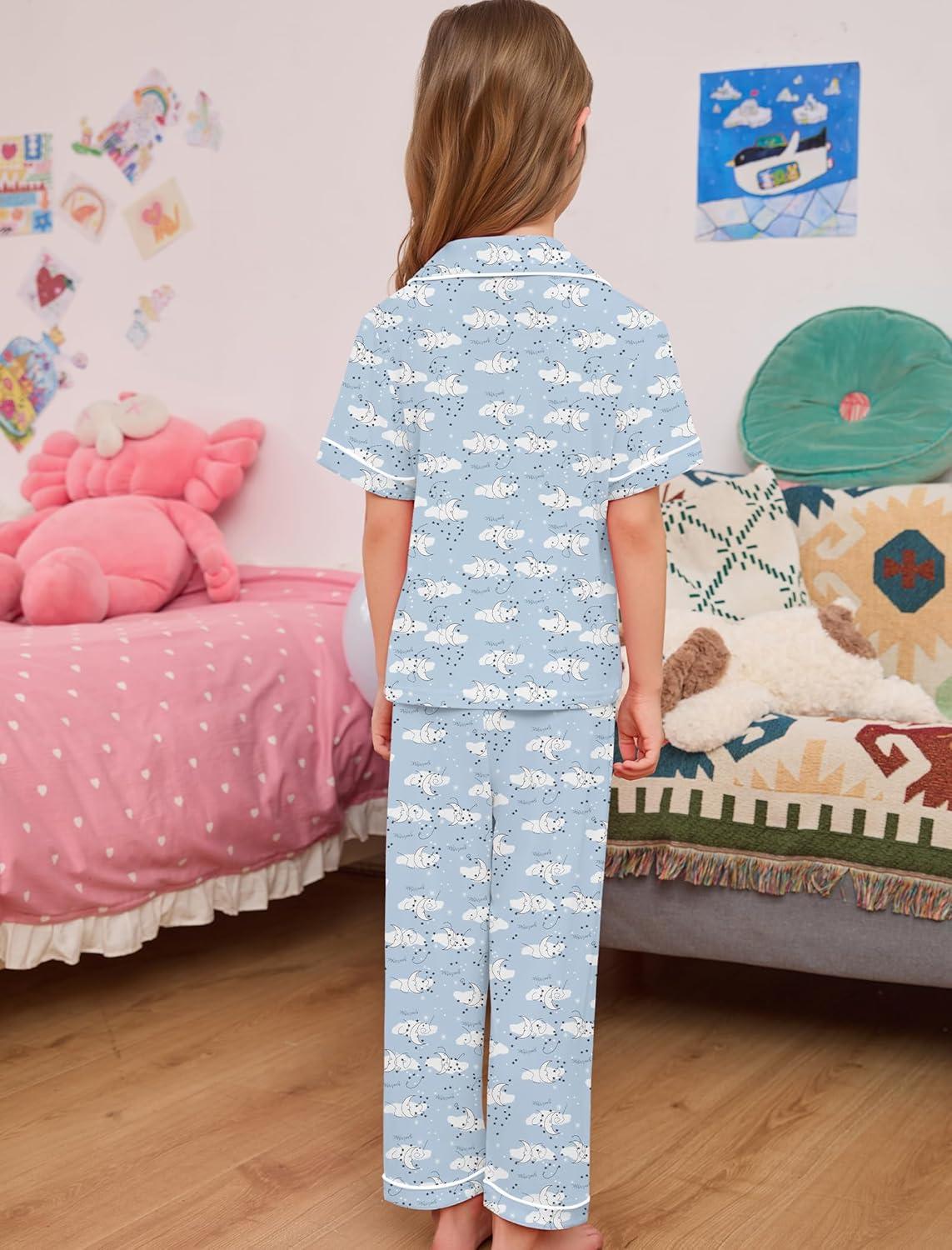 imageSWOMOG Girls Pajamas Button Down 2PCS Kids Pajama Set Cute Toddler Sleepwear Short Sleeve with Long PantsWhite Moon