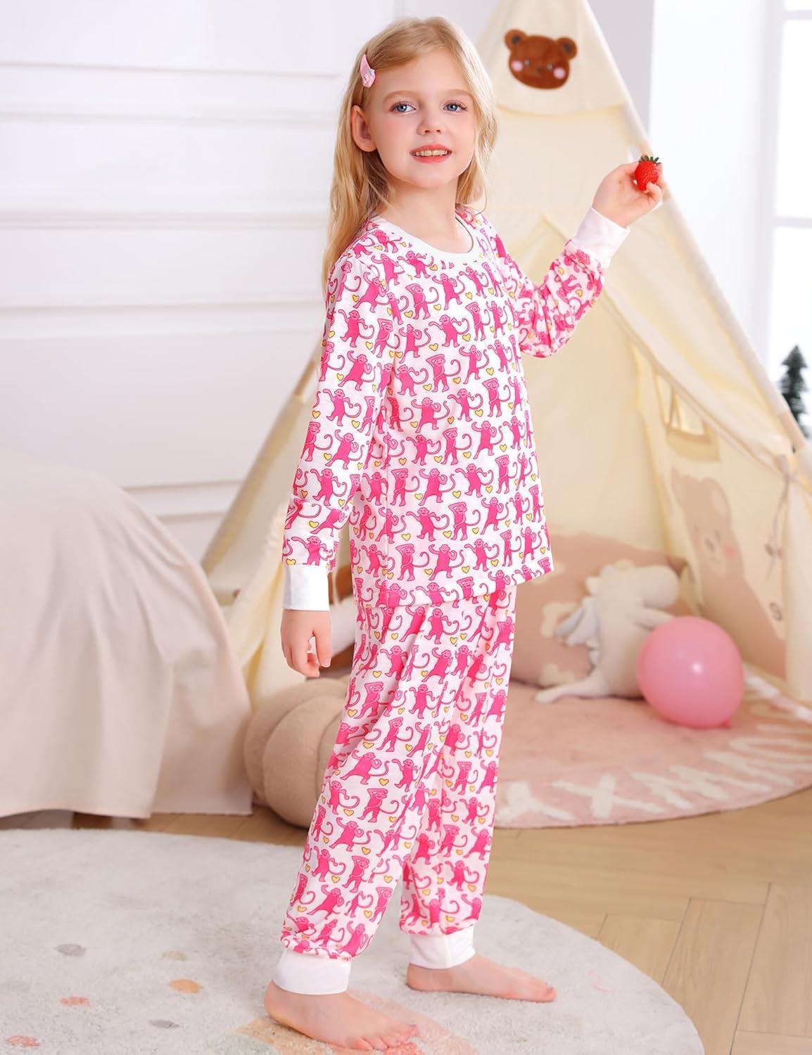 imageSWOMOG Girls Pajamas Sets 3 Piece Short Sleeve Sleepwear Summer Cute Pjs Cartoon Print Loungewear for Kids Size 6152pcslong Sleeve Pink Monkey