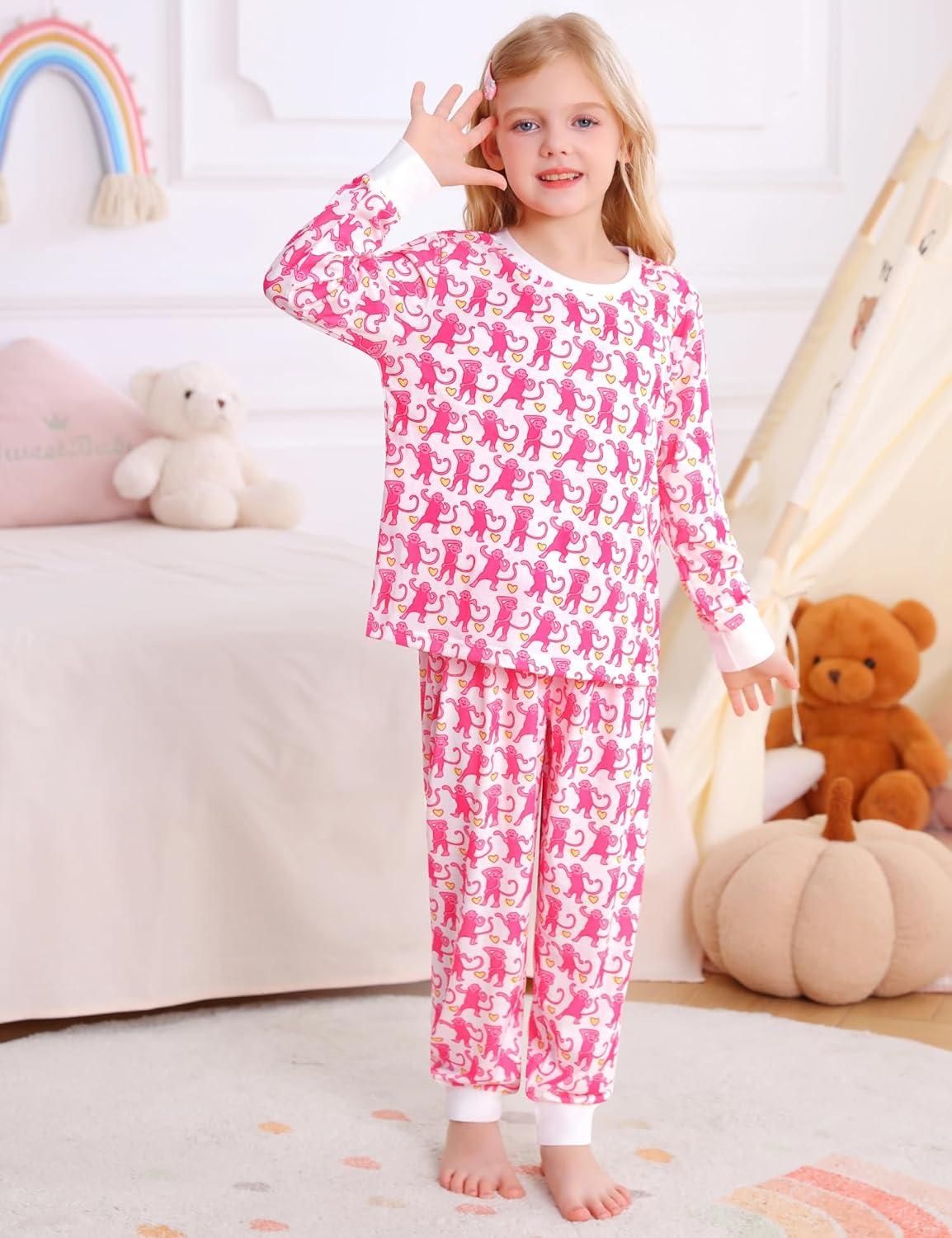 imageSWOMOG Girls Pajamas Sets 3 Piece Short Sleeve Sleepwear Summer Cute Pjs Cartoon Print Loungewear for Kids Size 6152pcslong Sleeve Pink Monkey