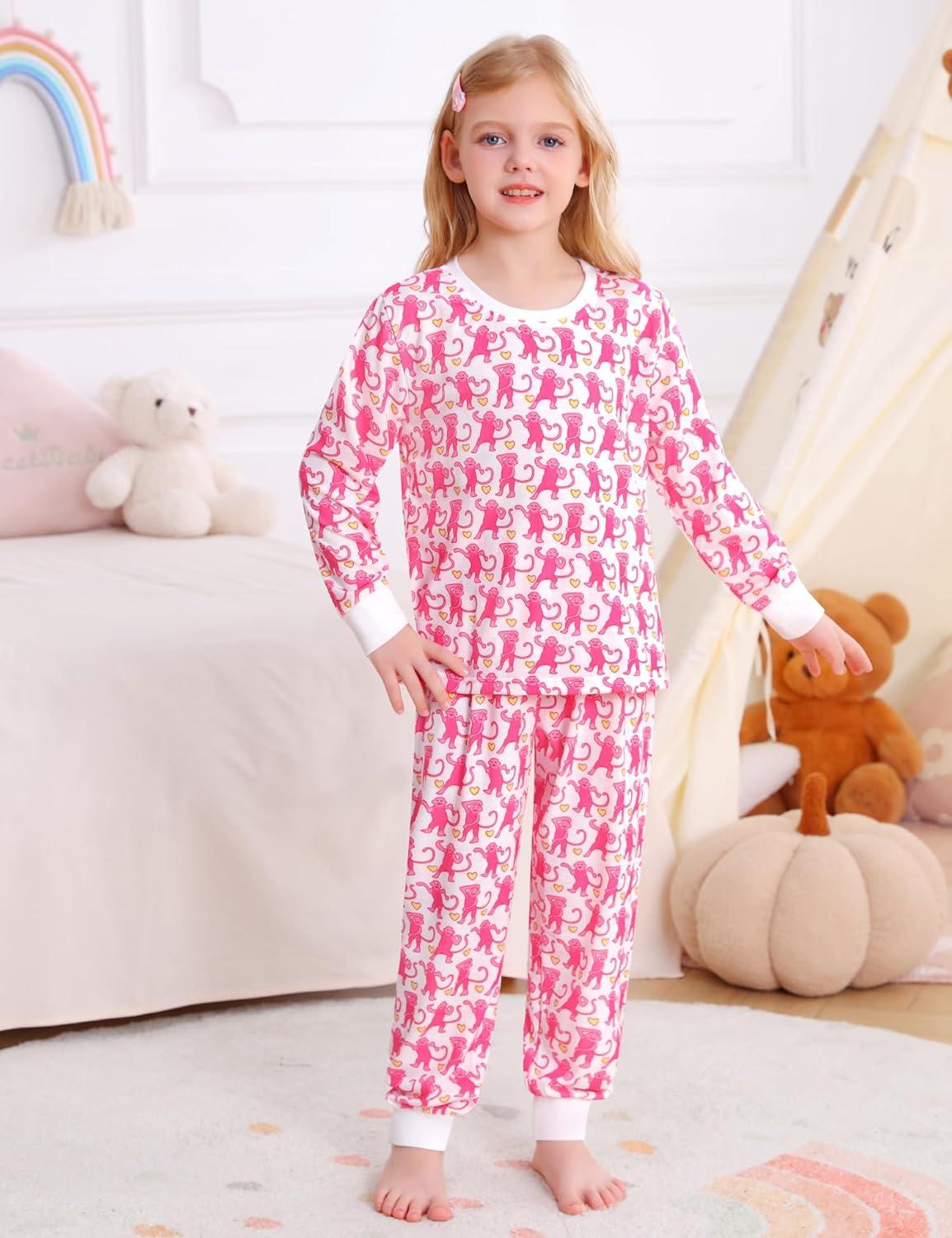 imageSWOMOG Girls Pajamas Sets 3 Piece Short Sleeve Sleepwear Summer Cute Pjs Cartoon Print Loungewear for Kids Size 6152pcslong Sleeve Pink Monkey