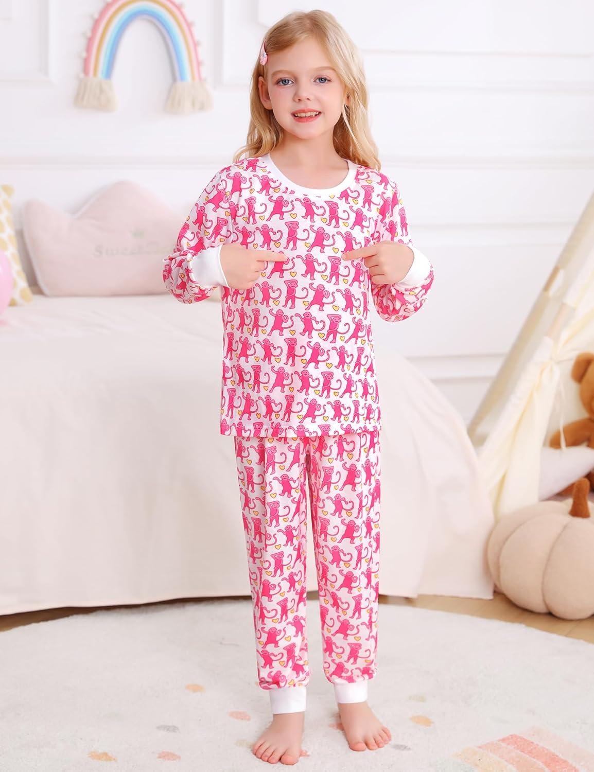 imageSWOMOG Girls Pajamas Sets 3 Piece Short Sleeve Sleepwear Summer Cute Pjs Cartoon Print Loungewear for Kids Size 6152pcslong Sleeve Pink Monkey