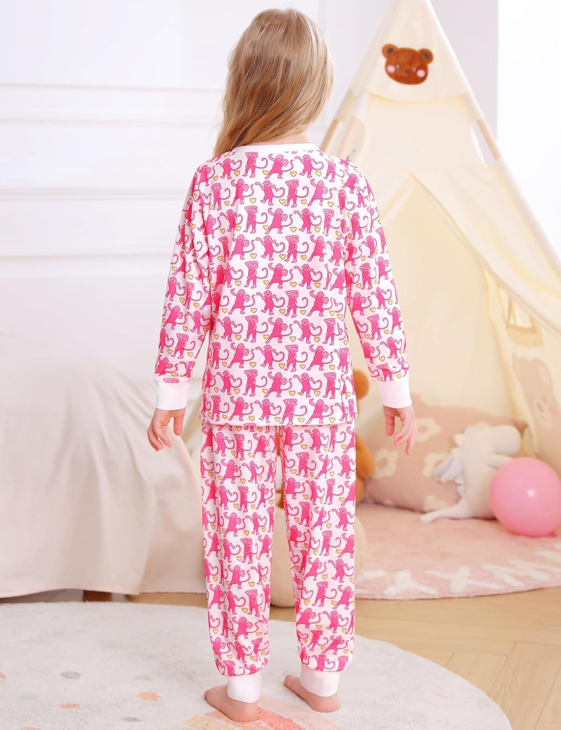 imageSWOMOG Girls Pajamas Sets 3 Piece Short Sleeve Sleepwear Summer Cute Pjs Cartoon Print Loungewear for Kids Size 6152pcslong Sleeve Pink Monkey