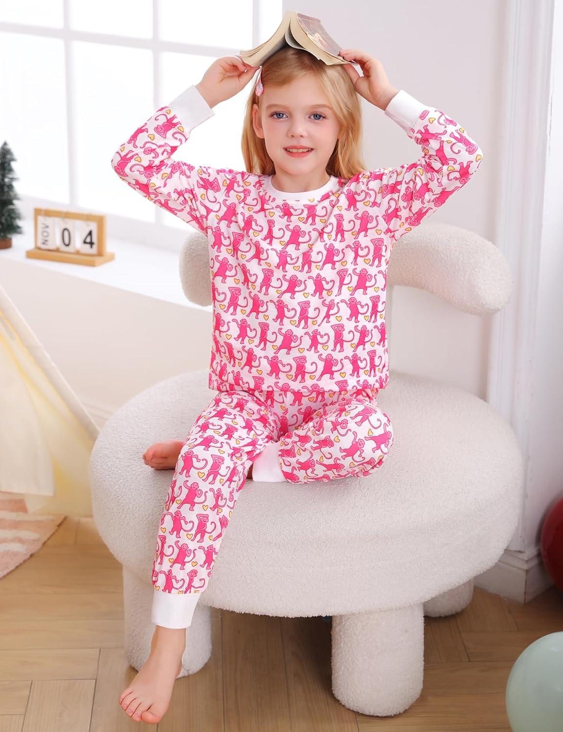 imageSWOMOG Girls Pajamas Sets 3 Piece Short Sleeve Sleepwear Summer Cute Pjs Cartoon Print Loungewear for Kids Size 6152pcslong Sleeve Pink Monkey