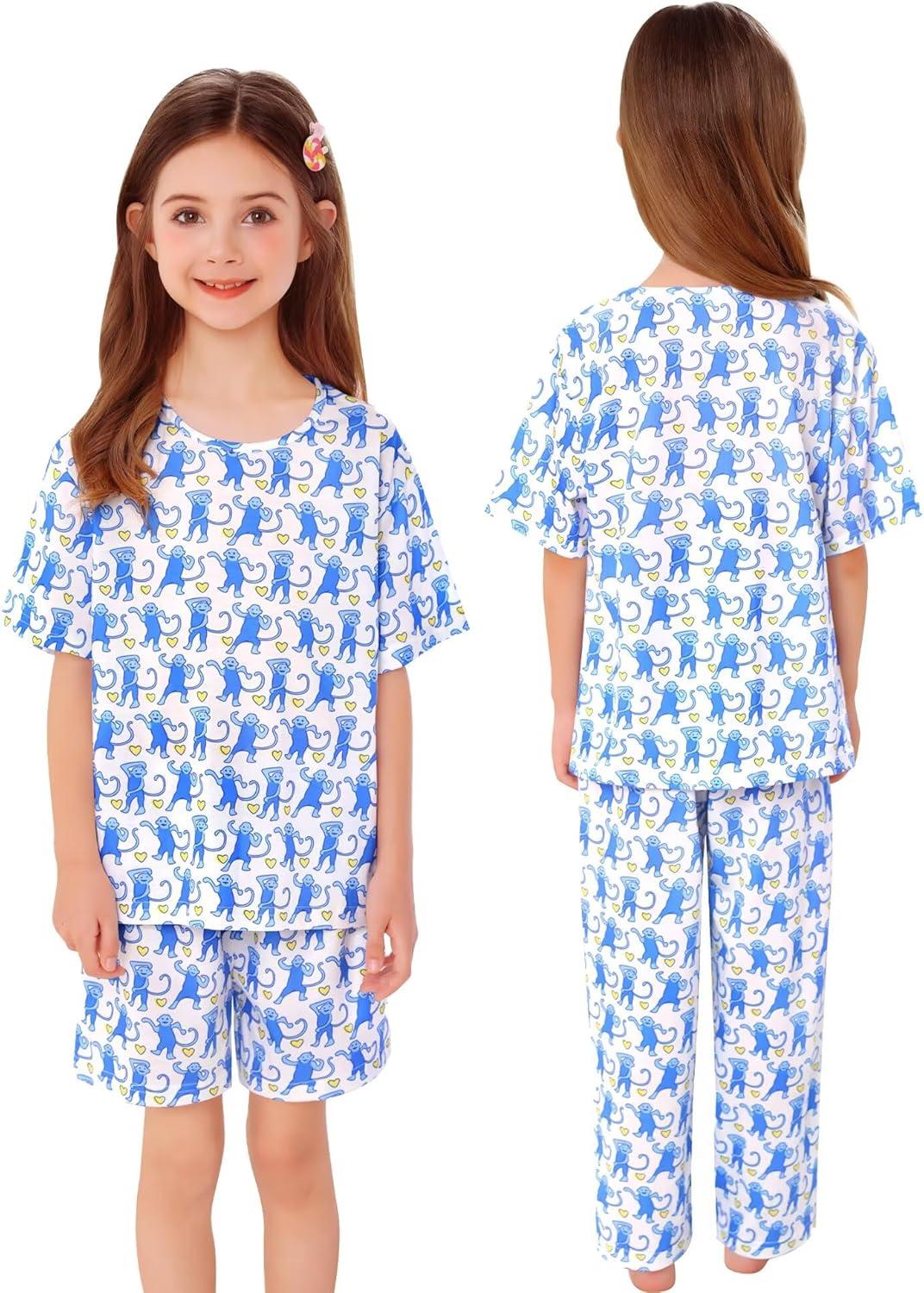 imageSWOMOG Girls Pajamas Sets 3 Piece Short Sleeve Sleepwear Summer Cute Pjs Cartoon Print Loungewear for Kids Size 6153 Pieceblue Monkey