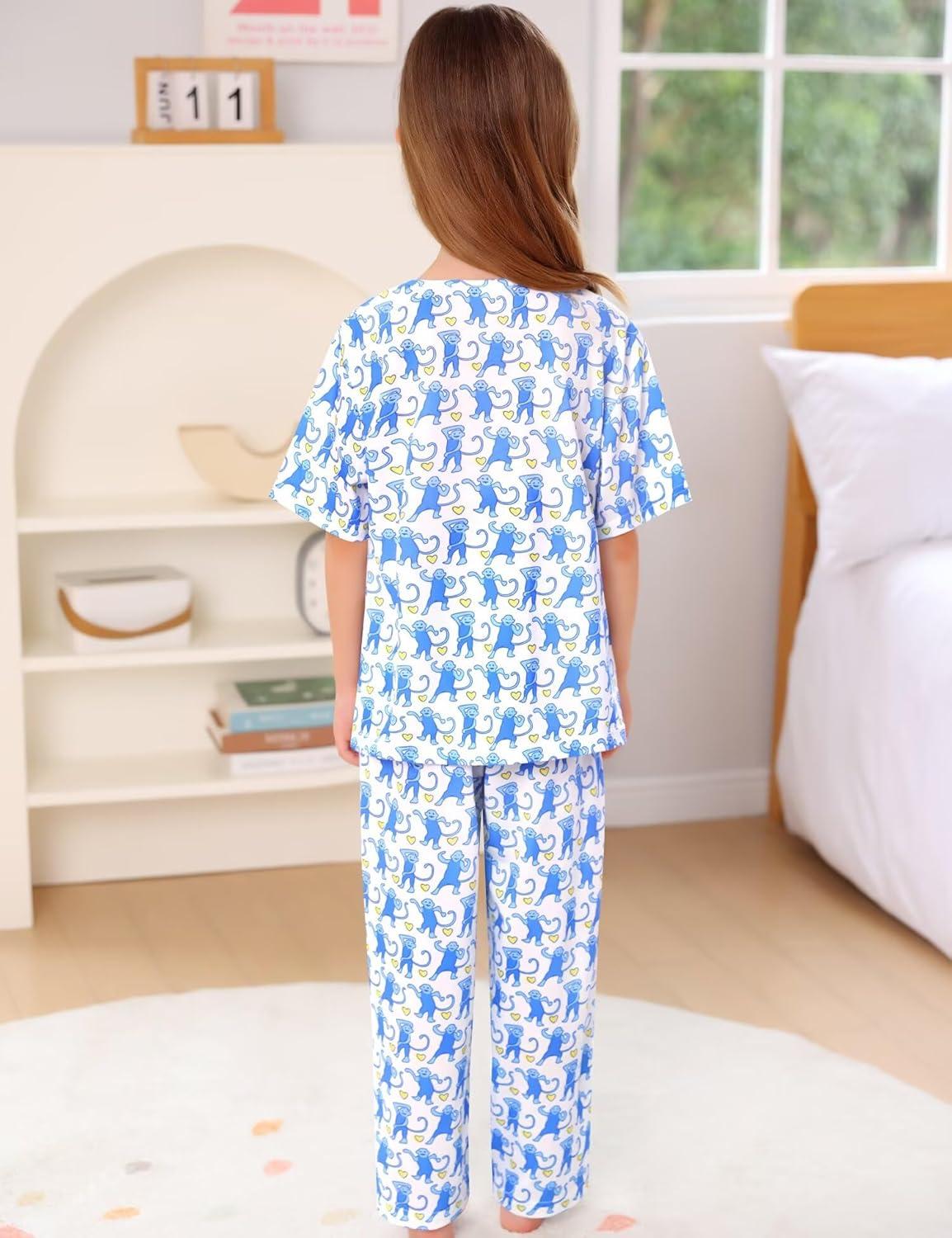 imageSWOMOG Girls Pajamas Sets 3 Piece Short Sleeve Sleepwear Summer Cute Pjs Cartoon Print Loungewear for Kids Size 6153 Pieceblue Monkey