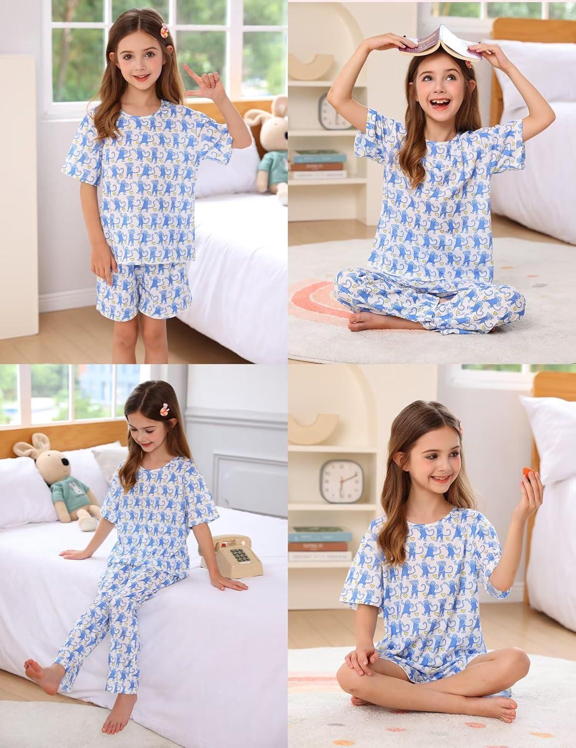 imageSWOMOG Girls Pajamas Sets 3 Piece Short Sleeve Sleepwear Summer Cute Pjs Cartoon Print Loungewear for Kids Size 6153 Pieceblue Monkey