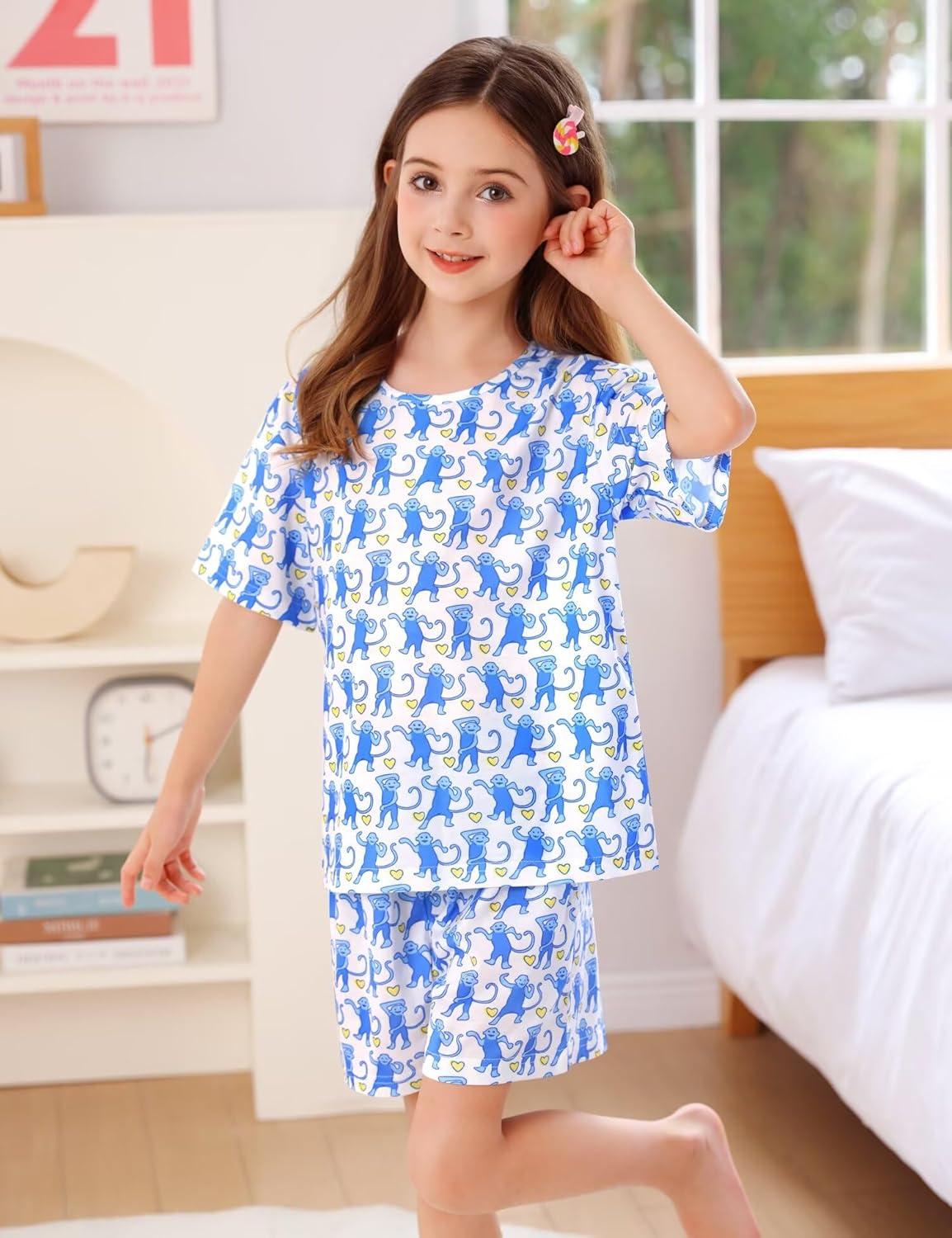 imageSWOMOG Girls Pajamas Sets 3 Piece Short Sleeve Sleepwear Summer Cute Pjs Cartoon Print Loungewear for Kids Size 6153 Pieceblue Monkey