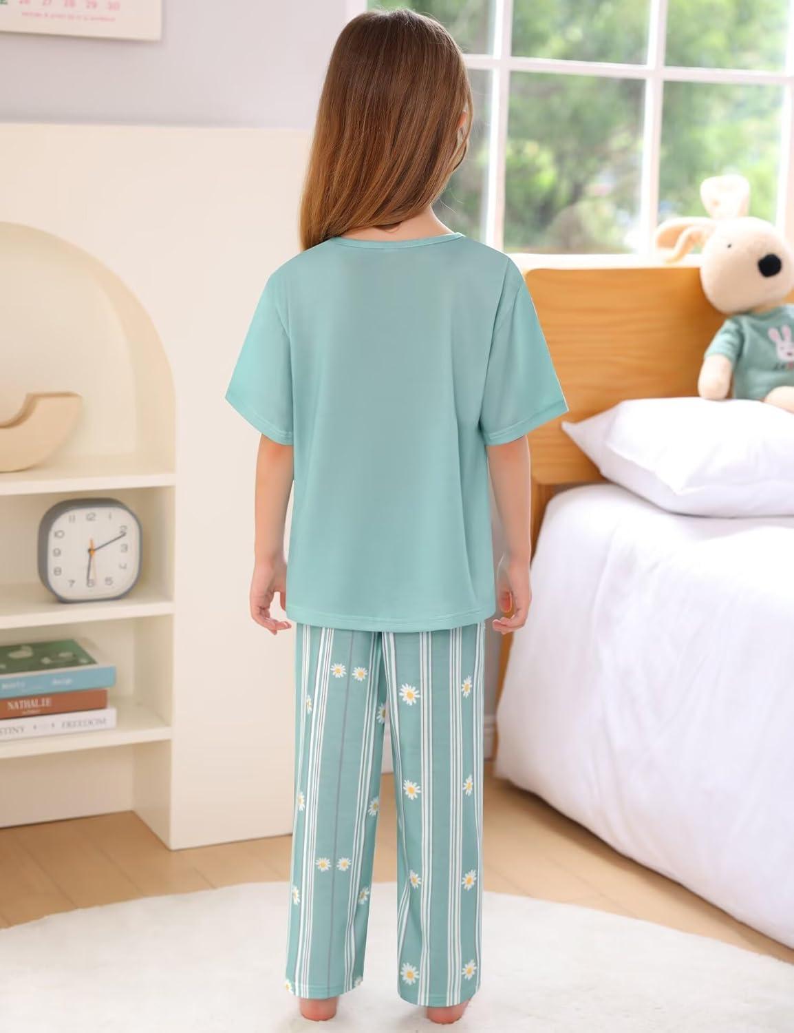 imageSWOMOG Girls Pajamas Sets 3 Piece Short Sleeve Sleepwear Summer Cute Pjs Cartoon Print Loungewear for Kids Size 6153 Piecegreen Daisy