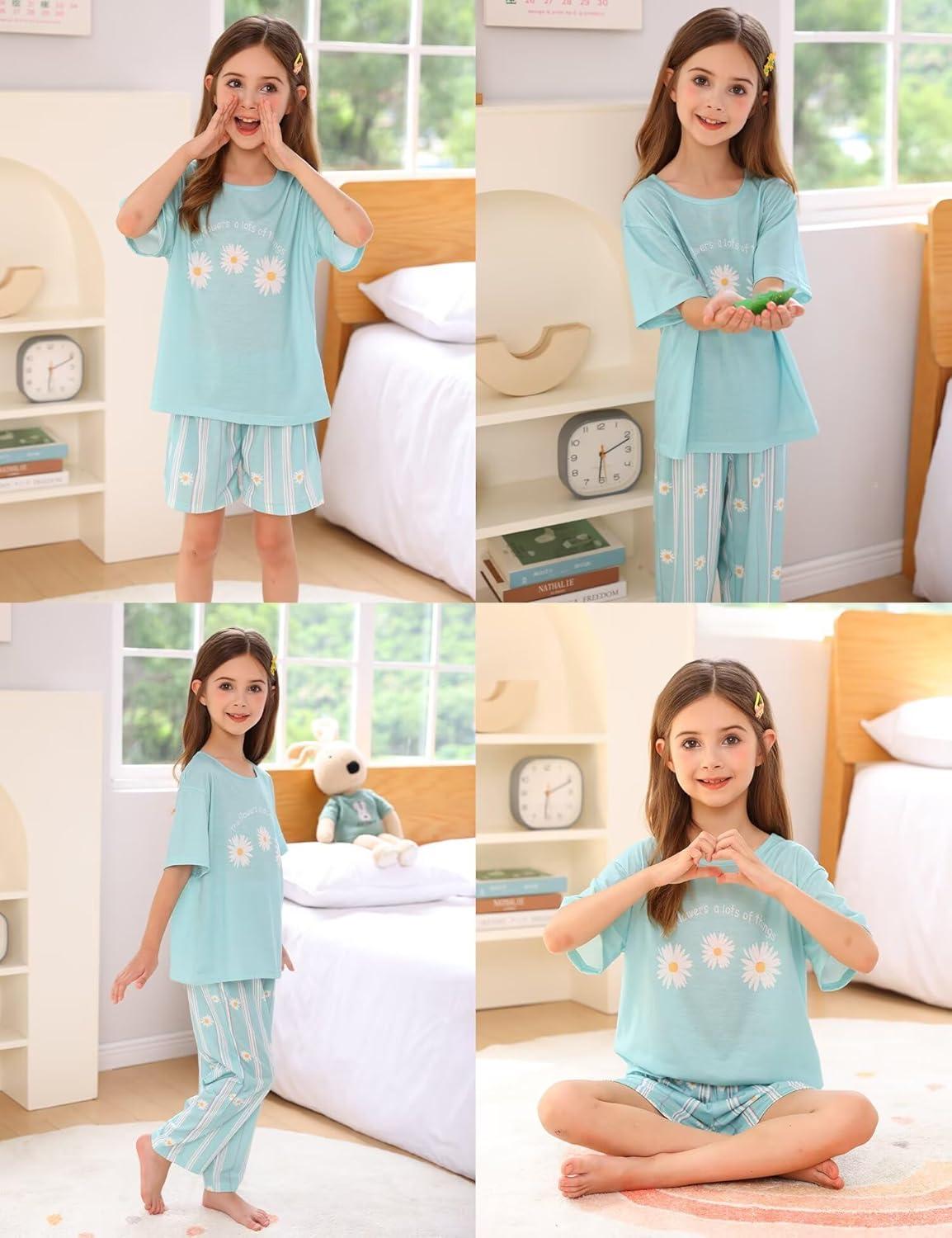 imageSWOMOG Girls Pajamas Sets 3 Piece Short Sleeve Sleepwear Summer Cute Pjs Cartoon Print Loungewear for Kids Size 6153 Piecegreen Daisy