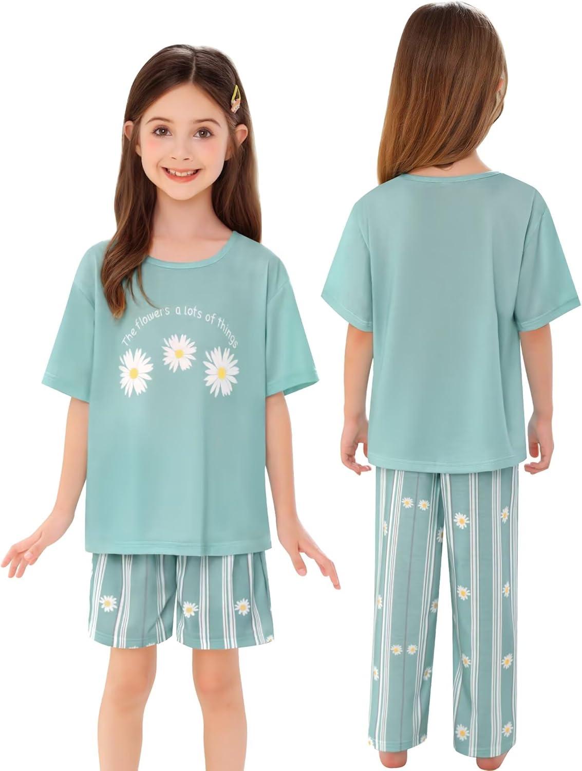 imageSWOMOG Girls Pajamas Sets 3 Piece Short Sleeve Sleepwear Summer Cute Pjs Cartoon Print Loungewear for Kids Size 6153 Piecegreen Daisy