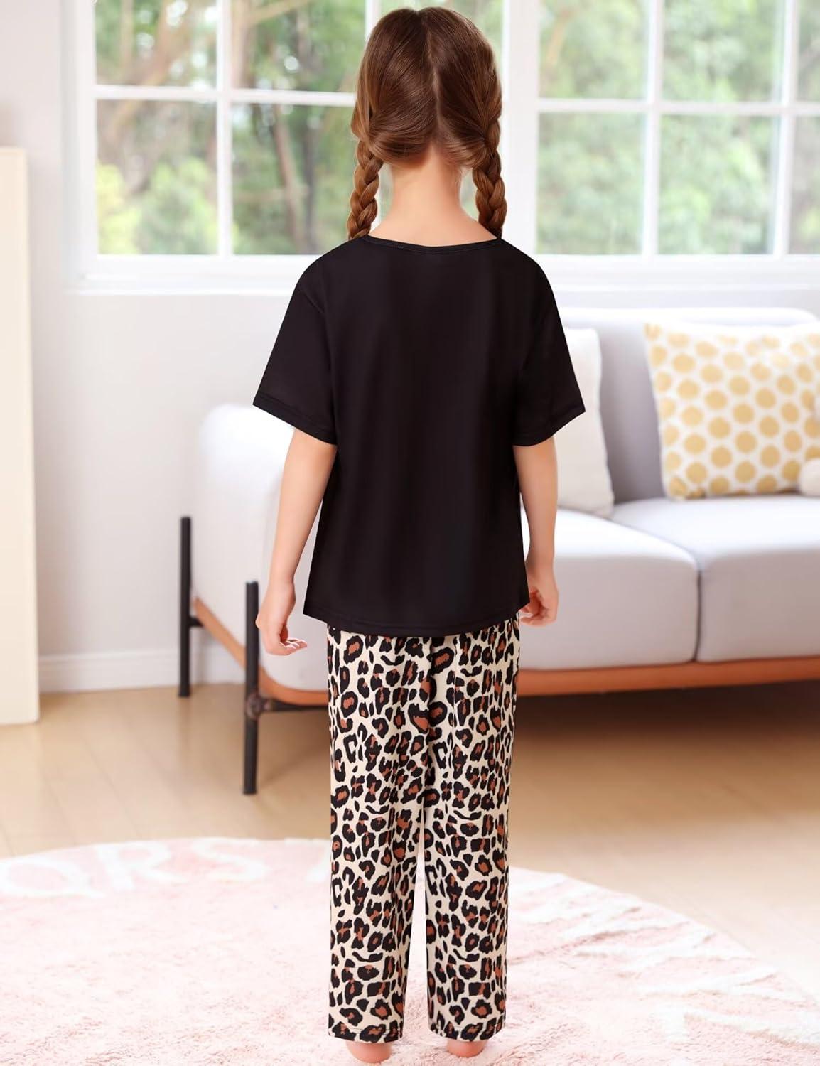 imageSWOMOG Girls Pajamas Sets 3 Piece Short Sleeve Sleepwear Summer Cute Pjs Cartoon Print Loungewear for Kids Size 6153 Pieceleopard Heart