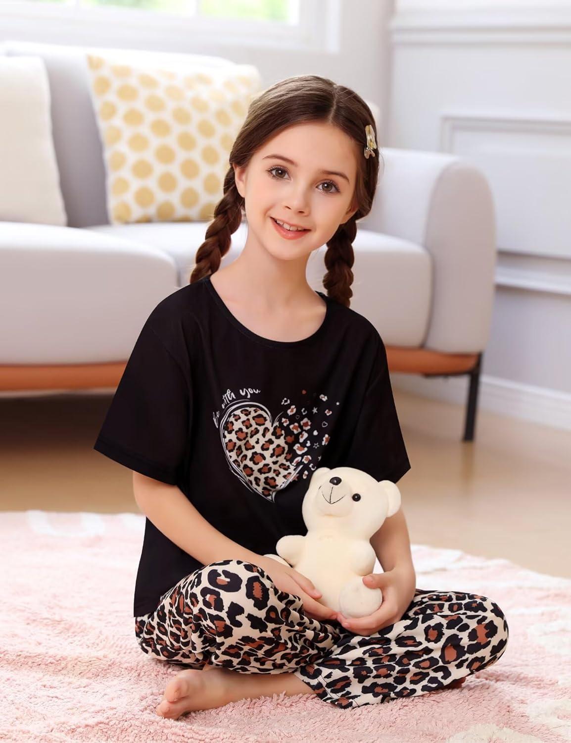imageSWOMOG Girls Pajamas Sets 3 Piece Short Sleeve Sleepwear Summer Cute Pjs Cartoon Print Loungewear for Kids Size 6153 Pieceleopard Heart